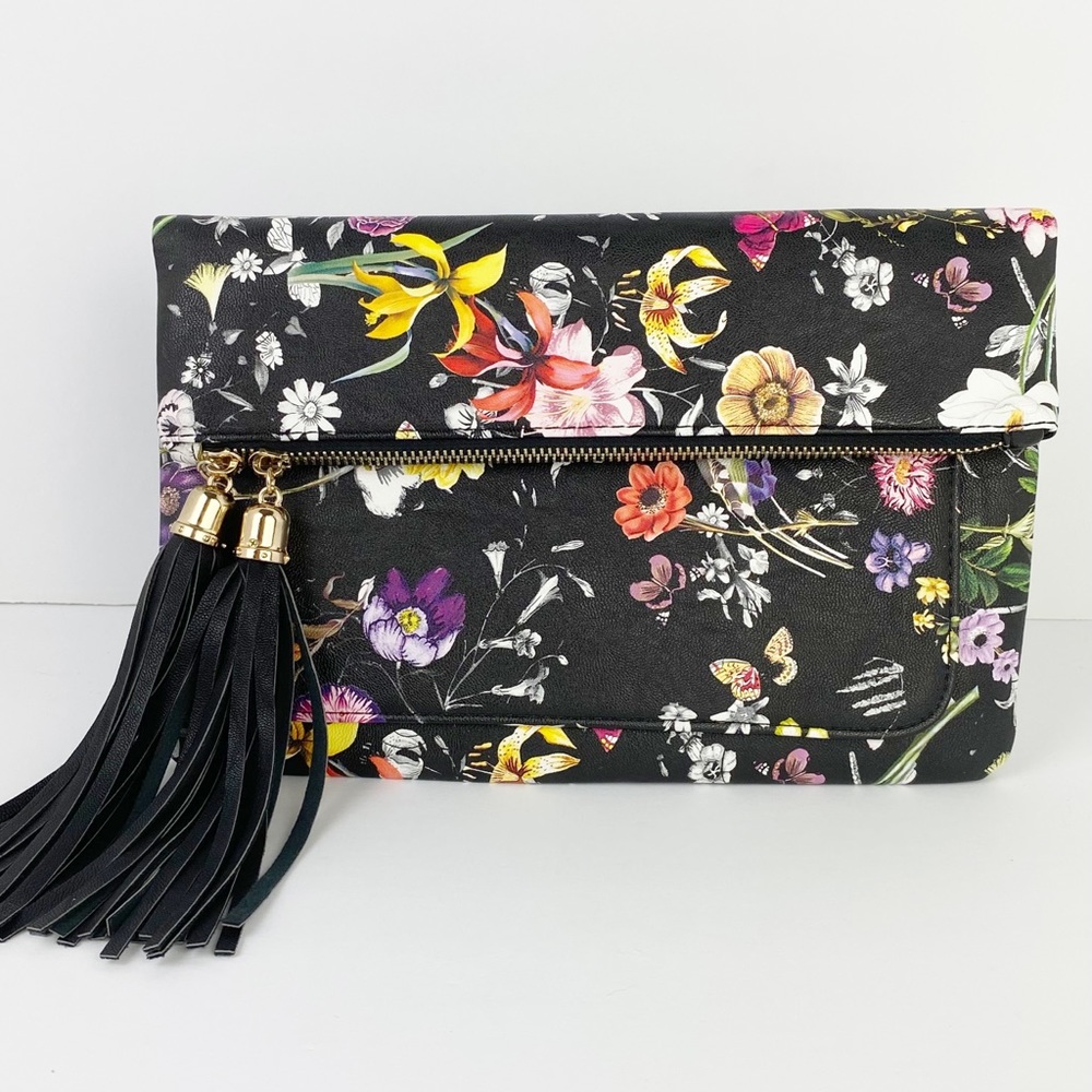 NWOT Bam Forever Black Floral Clutch